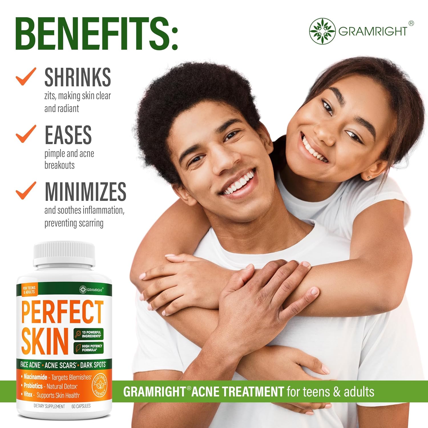 Acne Clear Skin Supplements with Biotin, Zinc, Vitamin A & Niacin - Scar Treatment Pills - Cystic Acne Remedy with Probiotics - USA Made - 60 Capsules