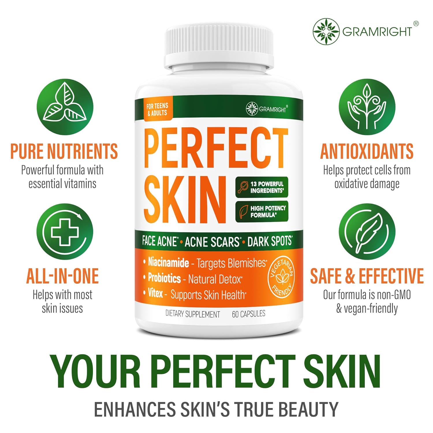 Acne Clear Skin Supplements with Biotin, Zinc, Vitamin A & Niacin - Scar Treatment Pills - Cystic Acne Remedy with Probiotics - USA Made - 60 Capsules