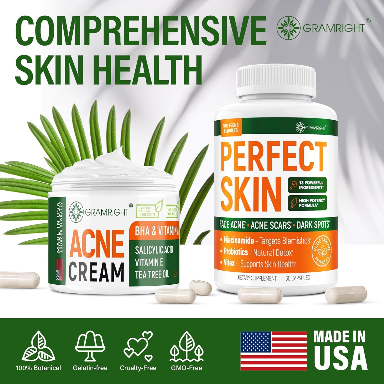 Acne Clear Skin Supplements with Biotin, Zinc, Vitamin A & Niacin - Scar Treatment Pills - Cystic Acne Remedy with Probiotics - USA Made - 60 Capsules
