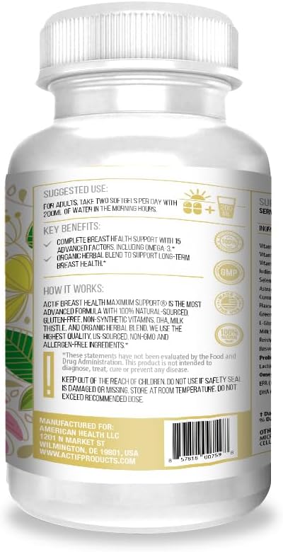 ACTIF Breast Health Maximum Support Supplement - 15 Advanced Factors, Omega-3, Non GMO - 90 Count, Made in USA