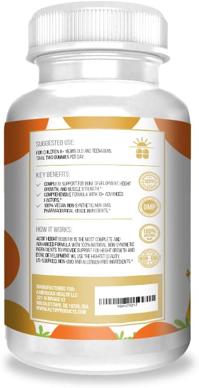 Actif Height Boost Gummies - Support Height Growth for Kids and Teens with 10+ Factors, Strawberry Flavor, 60 Count