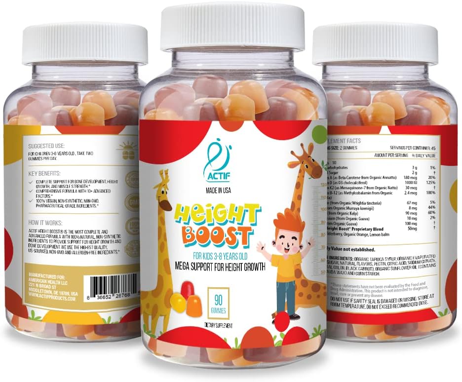 Actif Height Boost Gummies for Kids 3-8 Years Old - Height Growth with 10+ Factors - Strawberry Flavor for Fast Growth - 60 Gummies