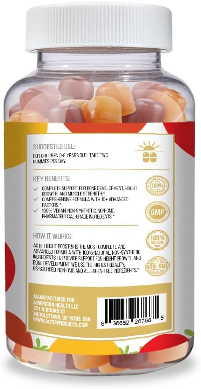 Actif Height Boost Gummies for Kids 3-8 Years Old - Height Growth with 10+ Factors - Strawberry Flavor for Fast Growth - 60 Gummies