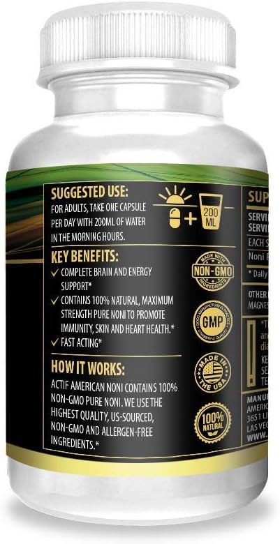 Actif Organic Noni Maximum Strength Capsules - 100% Natural Hawaiian Noni, Non-GMO, USA-Made, 100 Count