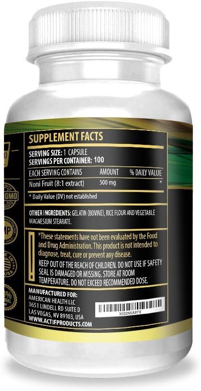 Actif Organic Noni Maximum Strength Capsules - 100% Natural Hawaiian Noni, Non-GMO, USA-Made, 100 Count
