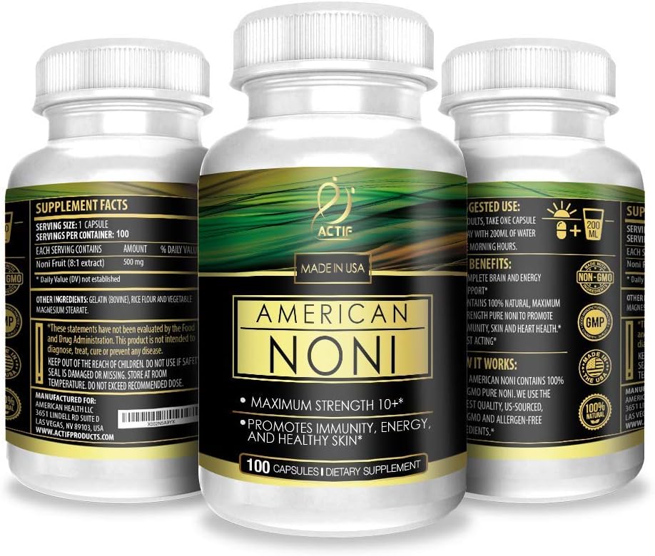 Actif Organic Noni Maximum Strength Capsules - 100% Natural Hawaiian Noni, Non-GMO, USA-Made, 100 Count