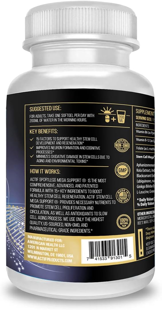 ACTIF Stem Cell Mega Support Supplement - 15 Factors, Non-GMO, 60 Day Supply - USA Made