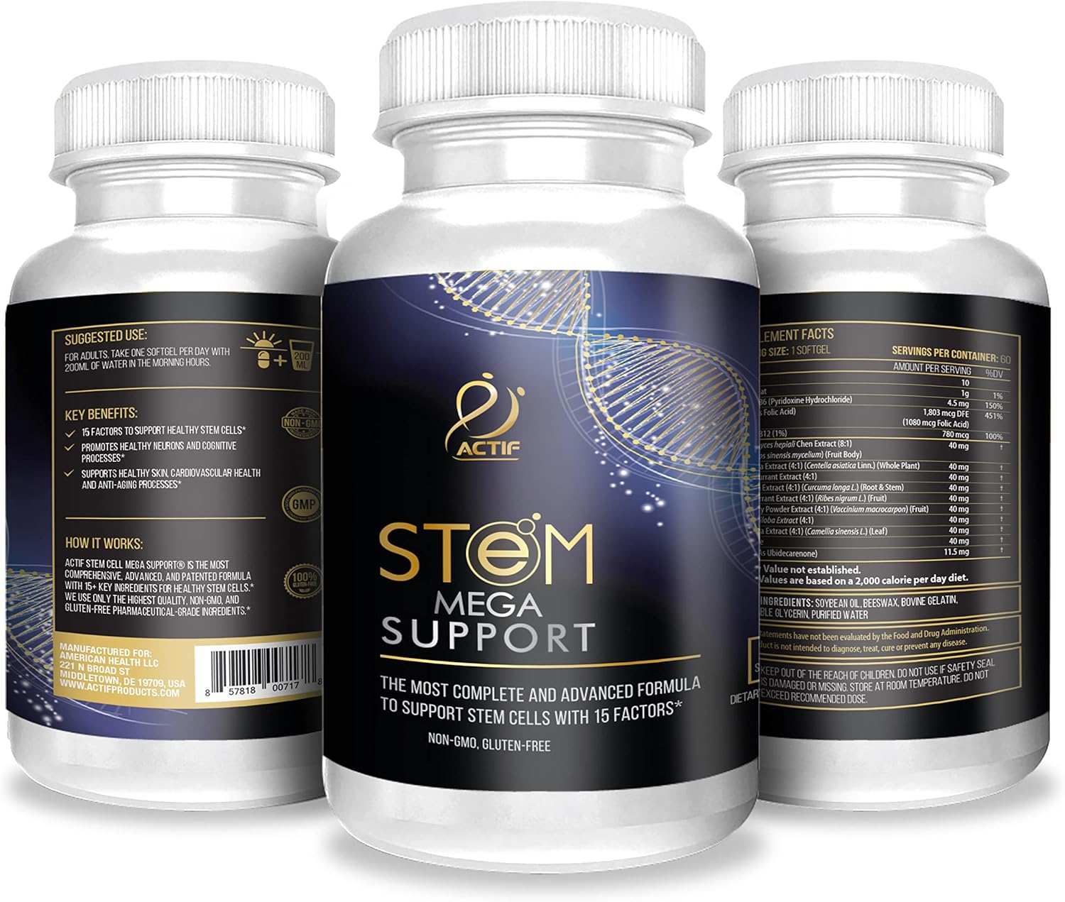 ACTIF Stem Cell Mega Support Supplement - 15 Factors, Non-GMO, 60 Day Supply - USA Made