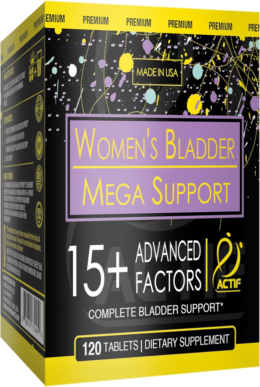 Actif Women's Bladder Support Supplement with 15+ Factors for Bladder Control - Non-GMO, Made in USA - 120 Count