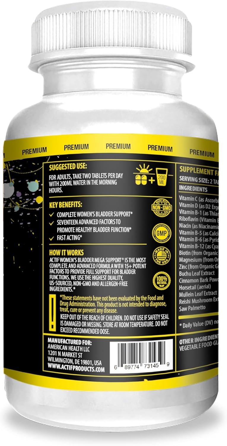 Actif Women's Bladder Support Supplement with 15+ Factors for Bladder Control - Non-GMO, Made in USA - 120 Count