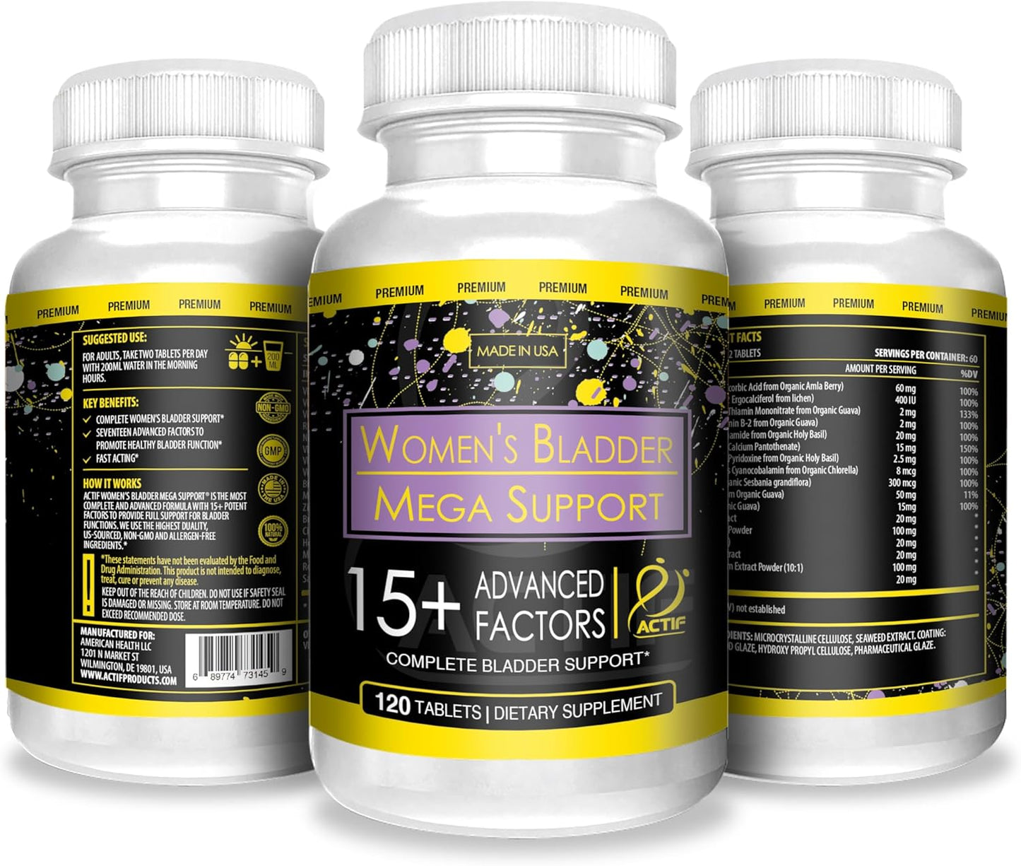 Actif Women's Bladder Support Supplement with 15+ Factors for Bladder Control - Non-GMO, Made in USA - 120 Count