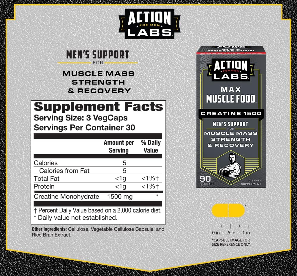 Action Labs Creatine 1500 mg Muscle Food for Men, Supports Lean Muscle Mass, Strength & Recovery - 90 Capsules