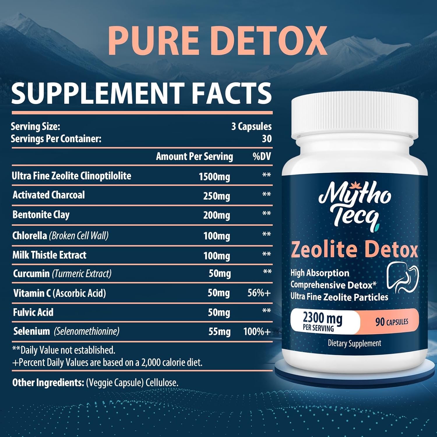 Activated Charcoal & Bentonite Clay Detox Capsules - 2300 MG Zeolite Cleanse for Liver, Gut, and Heavy Metals - Highly Absorbable Full Body Detox (90 Capsules)