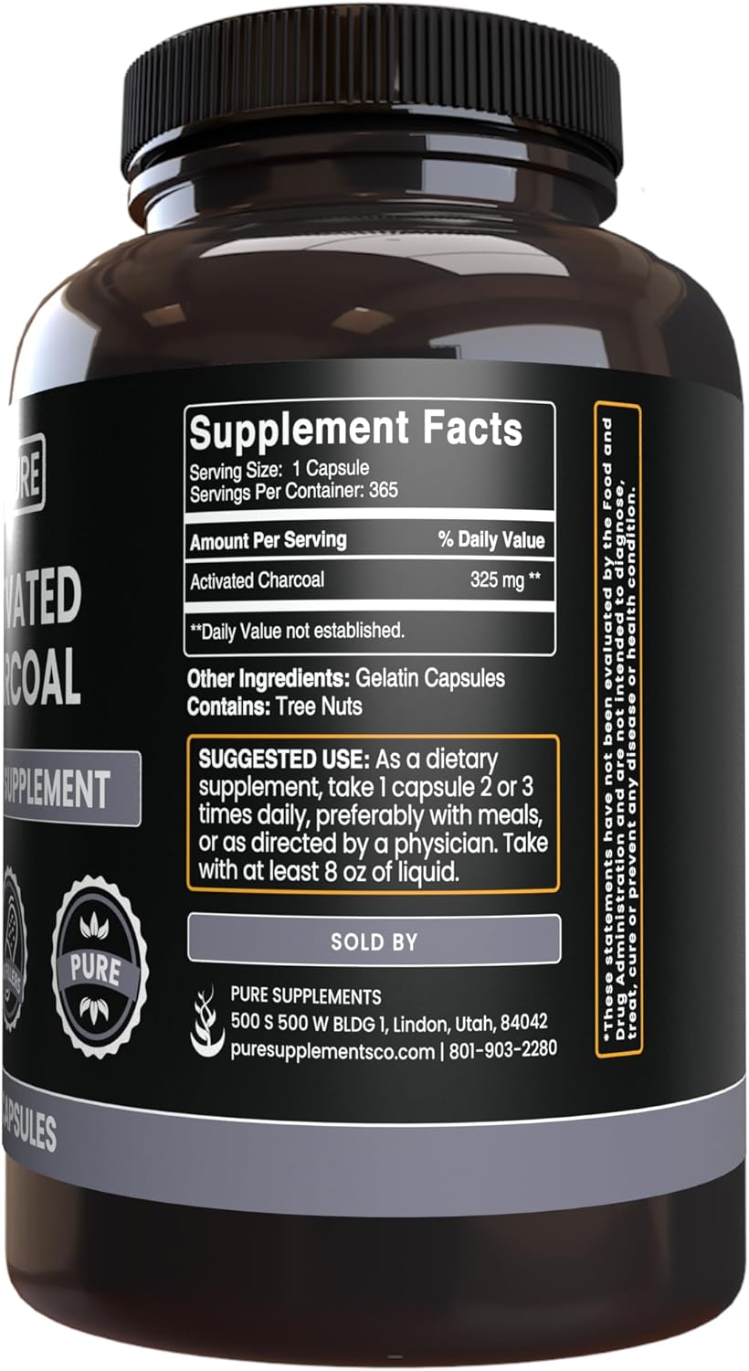 Activated Charcoal Capsules - Pure Ingredients, No Fillers, Lab Verified (365 Count)