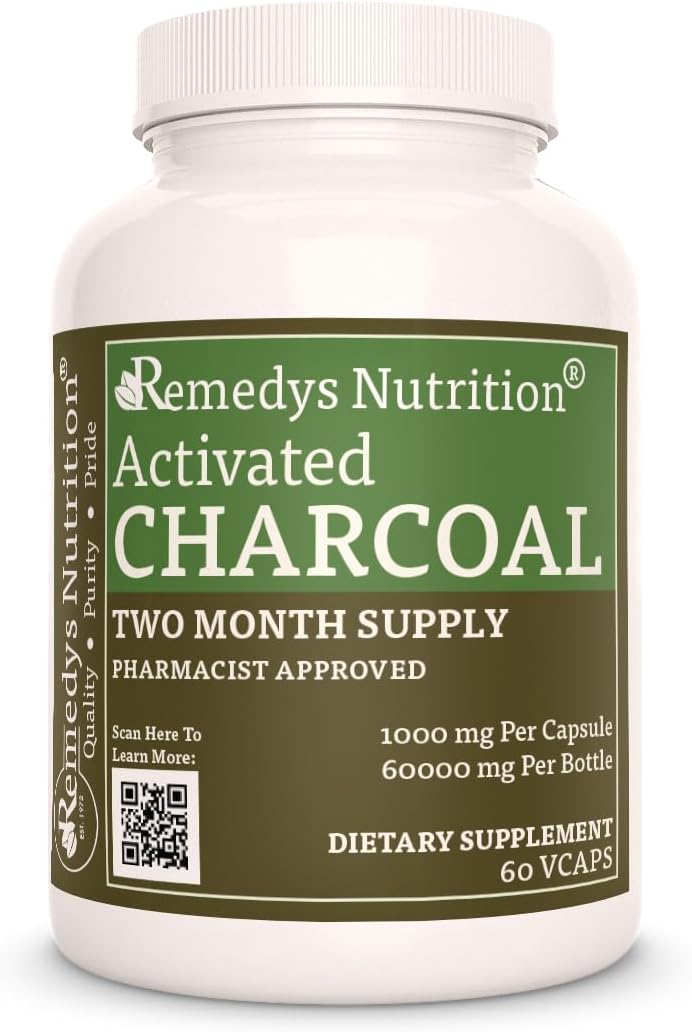 Activated Charcoal Dietary Supplement | 1,000 mg, 60 Vegan Capsules | Non-GMO, Gluten-Free, Dairy-Free | No Fillers