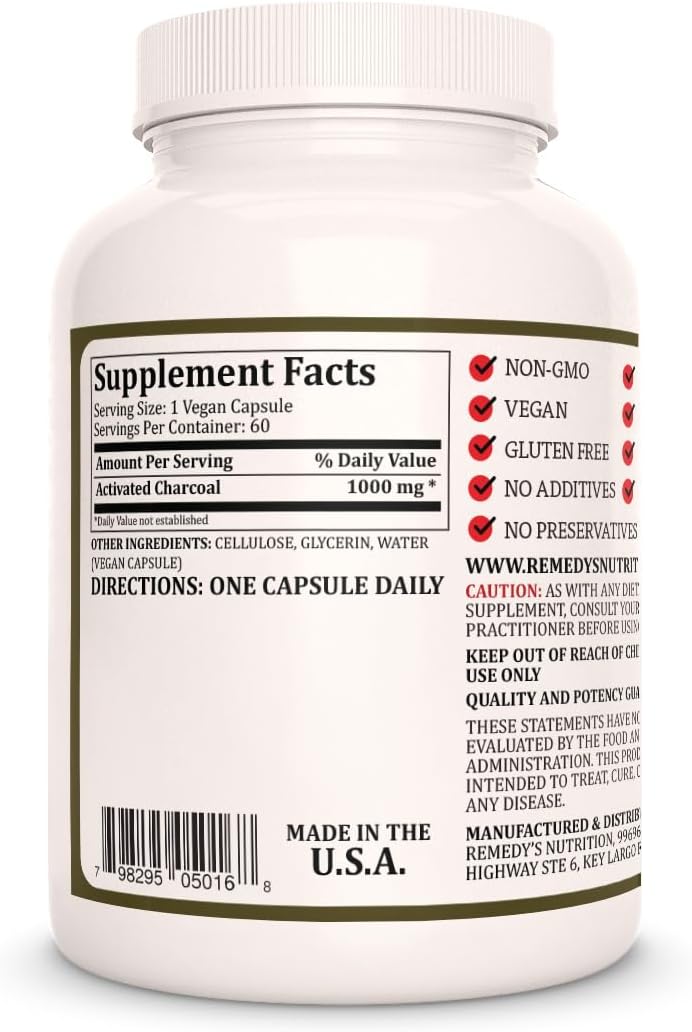 Activated Charcoal Dietary Supplement | 1,000 mg, 60 Vegan Capsules | Non-GMO, Gluten-Free, Dairy-Free | No Fillers