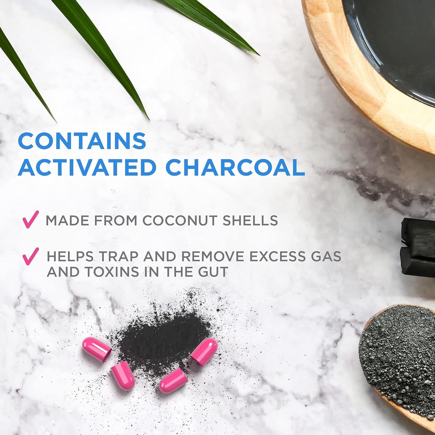 Activated Charcoal Gas Relief Capsules for Bloating & Flatulence - Fast Acting Detox Formula, 100 Capsules