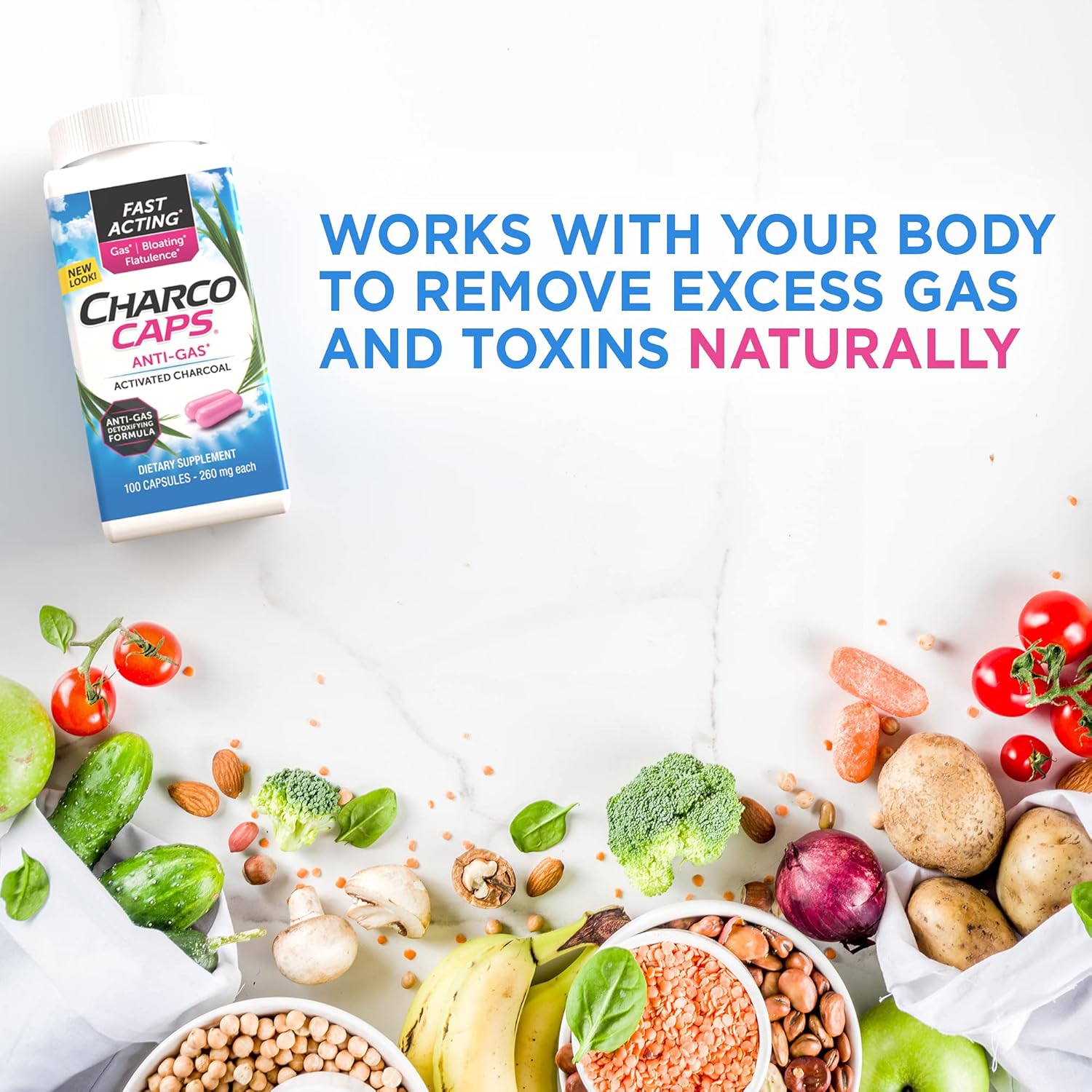 Activated Charcoal Gas Relief Capsules for Bloating & Flatulence - Fast Acting Detox Formula, 100 Capsules