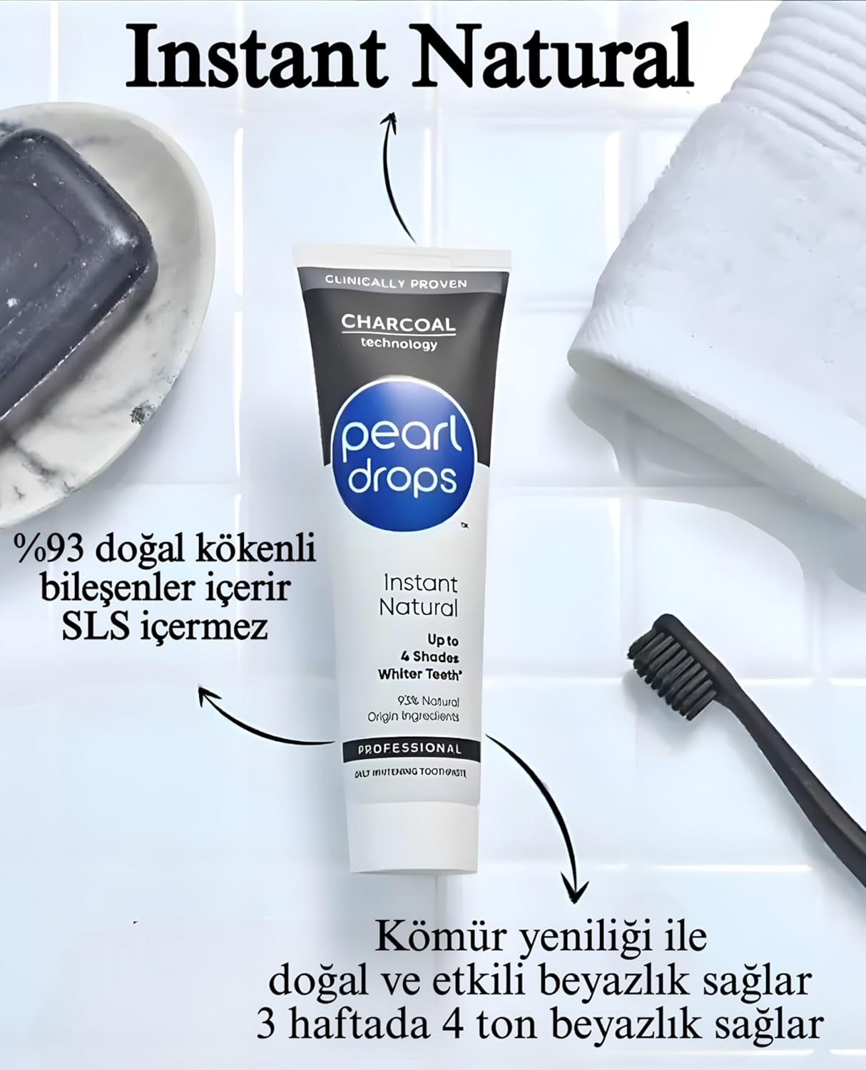 Activated Charcoal Pearl Drops Instant Natural White Toothpaste 75ml