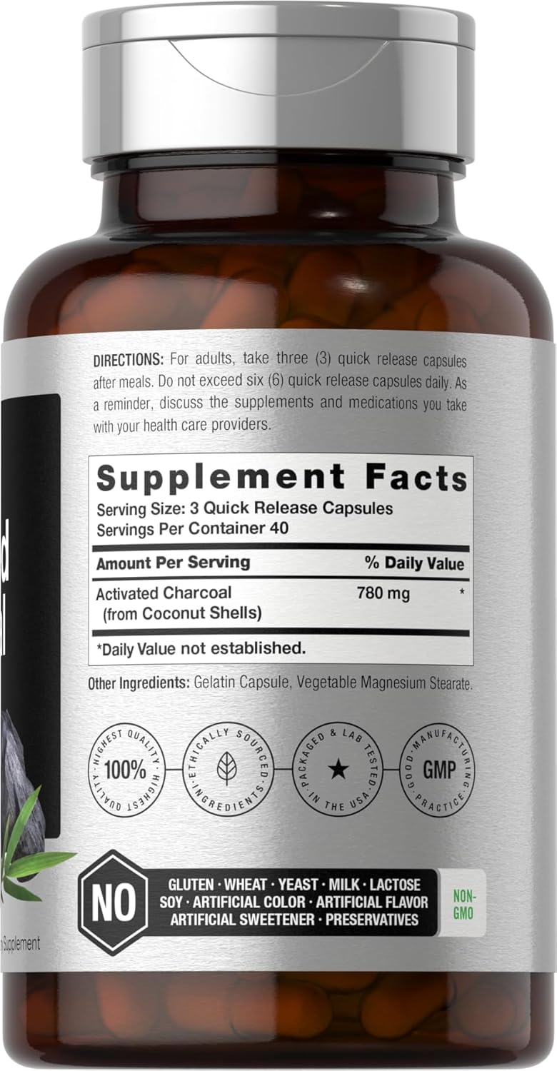 Activated Charcoal Pills 780mg - 120 Capsules - Non-GMO & Gluten Free - Coconut Shell Charcoal Supplement