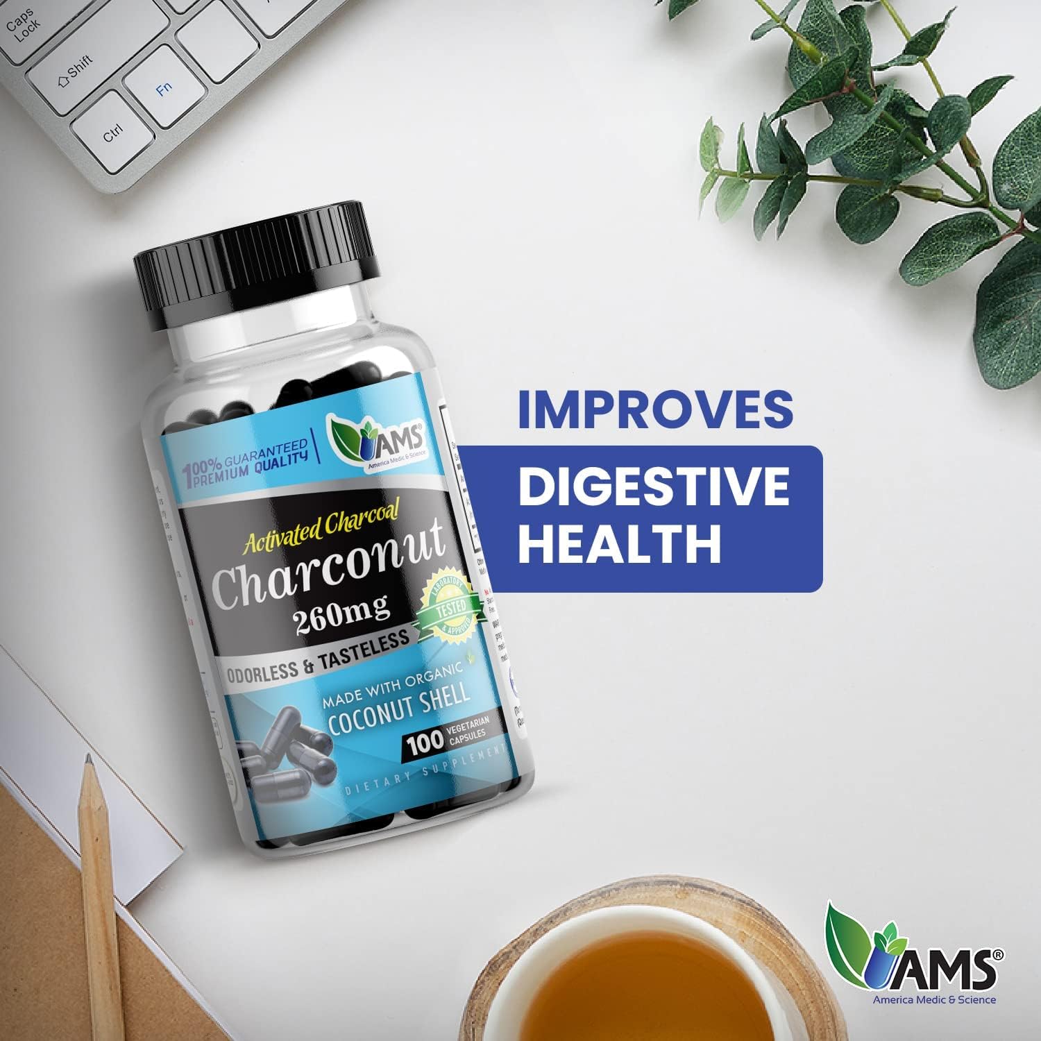 Activated Charcoal Supplement with Coconut Husk for Stomach Health - 200 Capsules