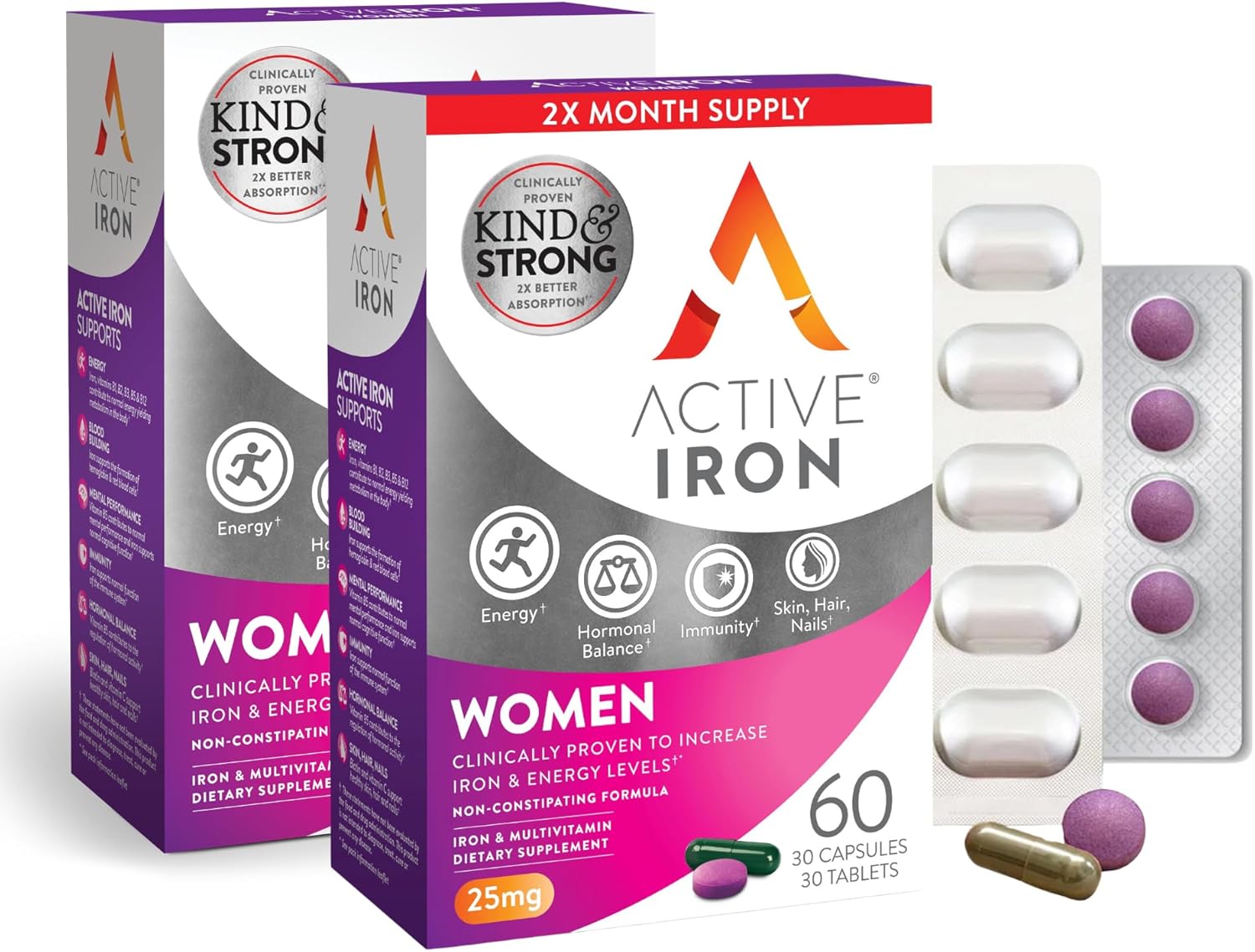 Active Iron for Women: Non-Constipating Iron Supplement with Multivitamin Tablets for Immune Support - 30 Capsules - 2 Pack