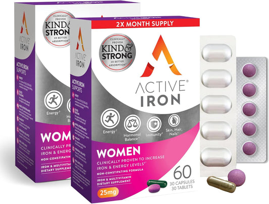 Active Iron for Women: Non-Constipating Iron Supplement with Multivitamin Tablets for Immune Support - 30 Capsules - 2 Pack