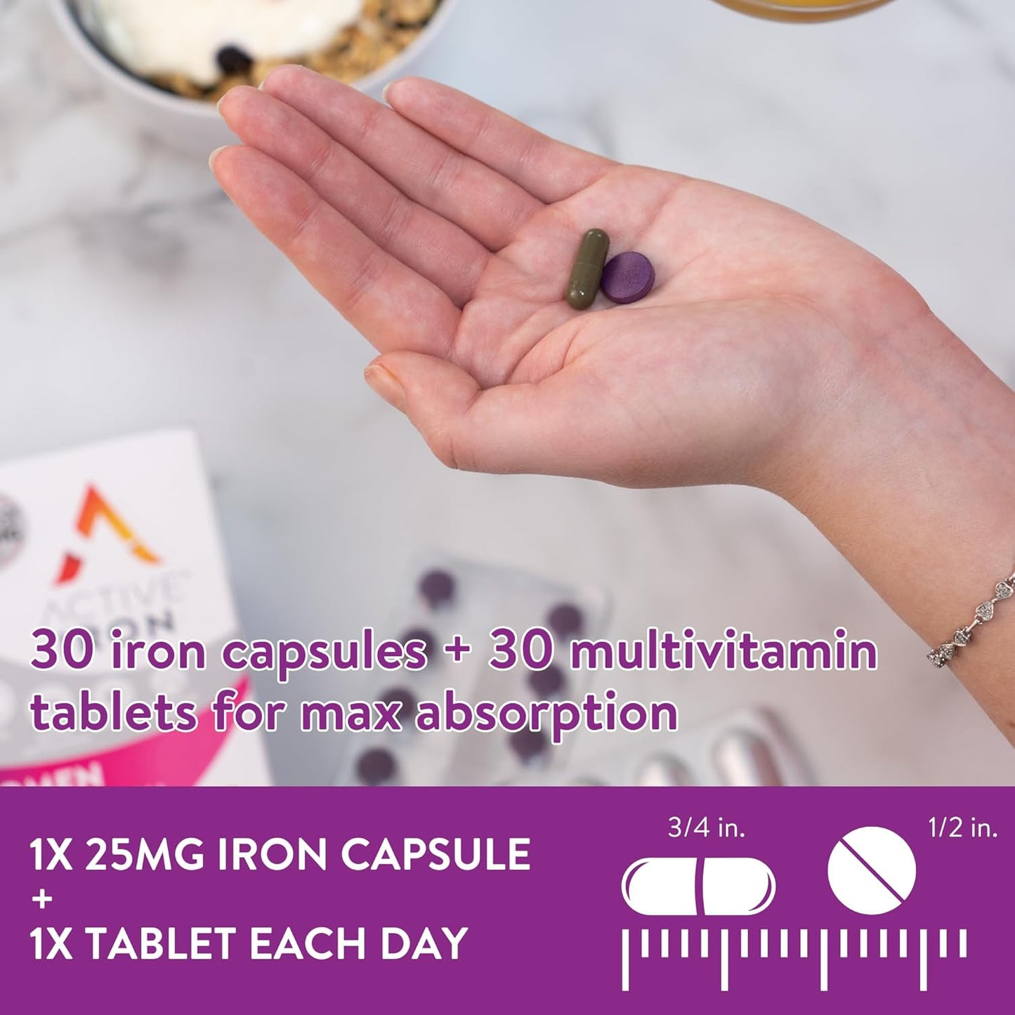 Active Iron for Women: Non-Constipating Iron Supplement with Multivitamin Tablets for Immune Support - 30 Capsules - 2 Pack