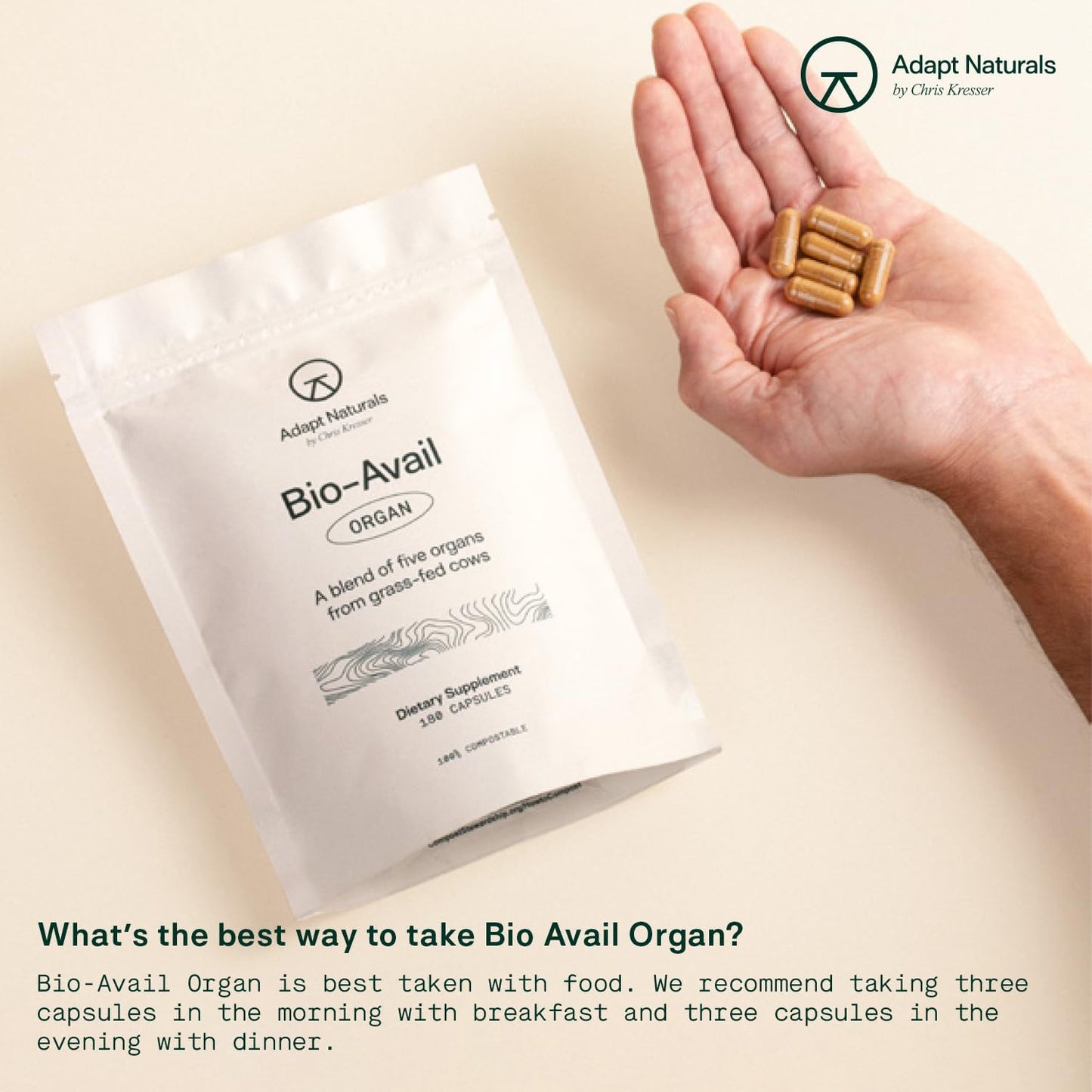 Adapt Naturals Grass Fed Beef Organ Supplement Capsules for Liver Cleanse & Repair - Source of CoQ10 - 30 Day Supply