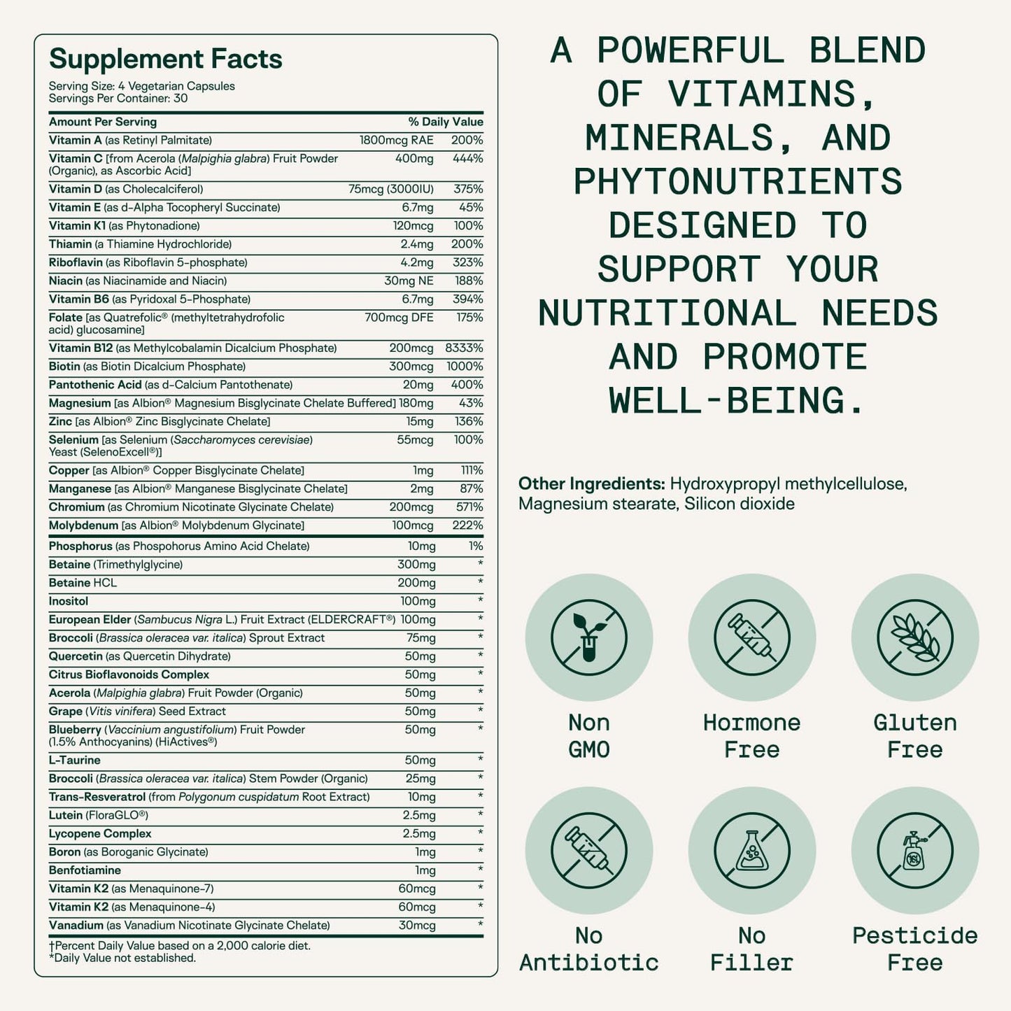 Adapt Naturals Multivitamin for Women & Men with Biotin, Niacin, Vitamin A, B, C, D, E, K1, Zinc, Magnesium | Immune Support - 30 Days Supply