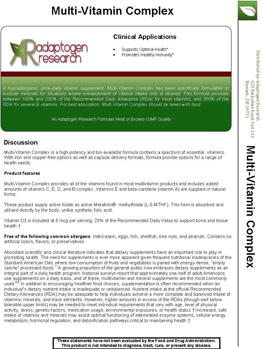 Adaptogen Research Once Daily Multi-Vitamin Complex with Enhanced Absorption - 60 Vegetarian Capsules
