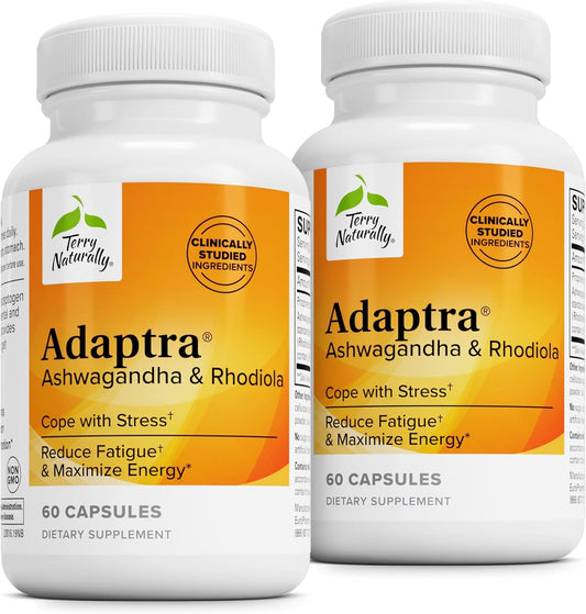 Adaptra Adrenal Health Supplement with Ashwagandha & Rhodiola Rosea - 60 Capsules x 2 - Herbal Energy & Concentration Support