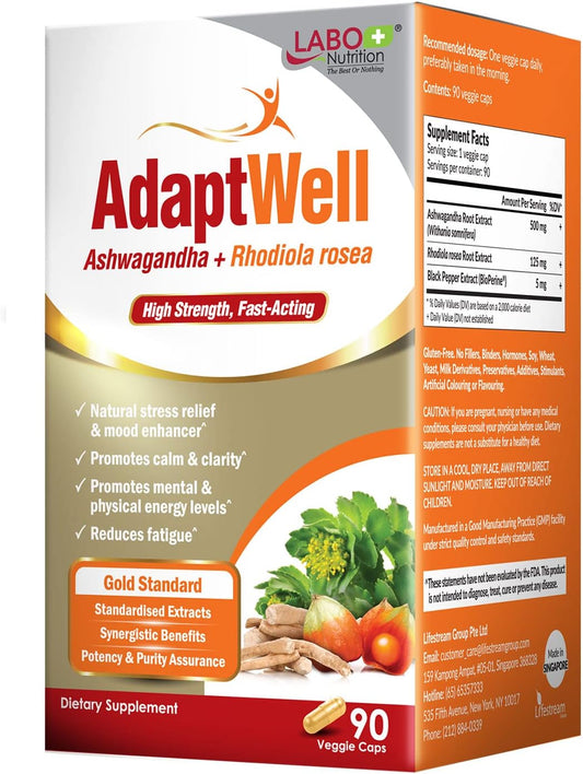 AdaptWell Ashwagandha Root Extract Capsules for Relaxation, Adrenal, Immune & Thyroid Support - 90 Count