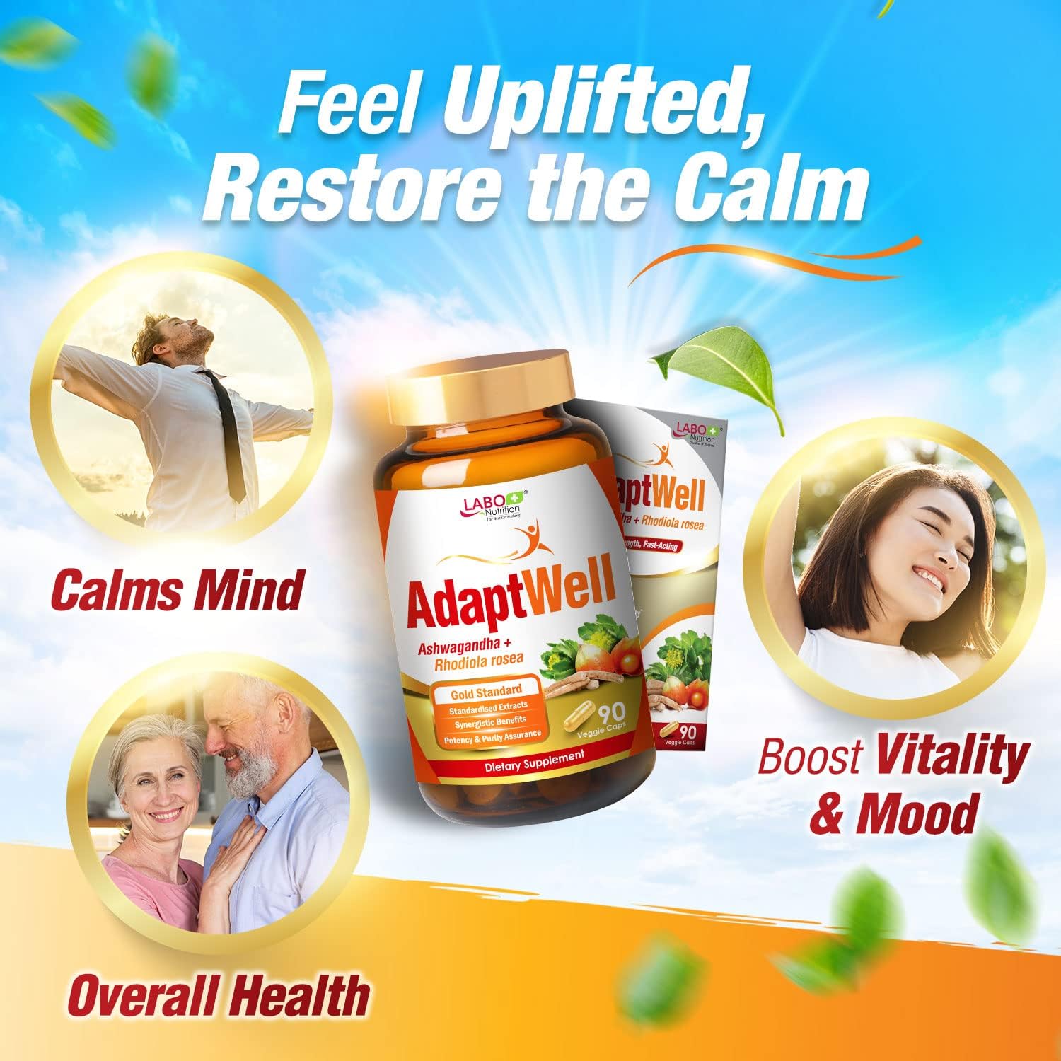AdaptWell Ashwagandha Root Extract Capsules for Relaxation, Adrenal, Immune & Thyroid Support - 90 Count