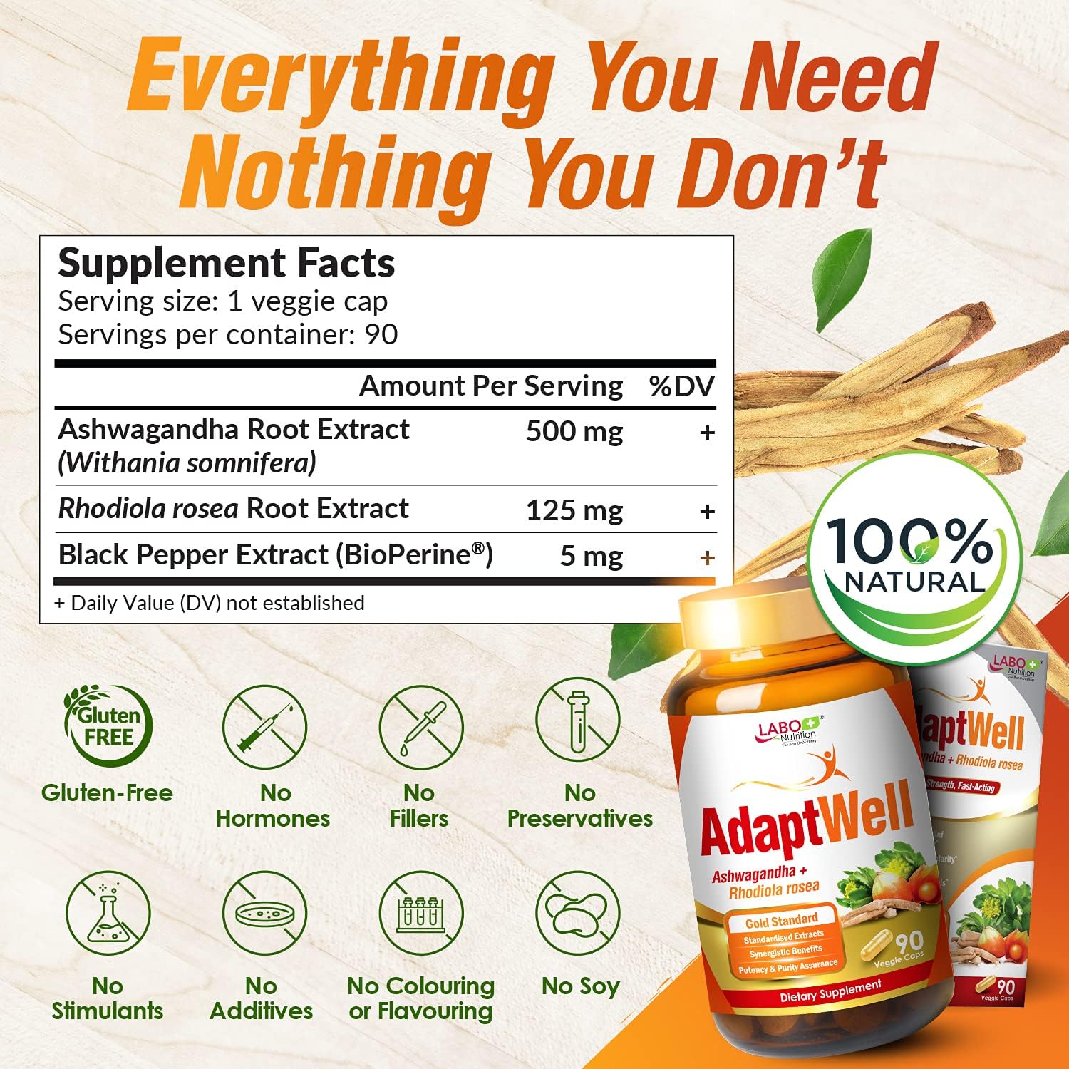 AdaptWell Ashwagandha Root Extract Capsules for Relaxation, Adrenal, Immune & Thyroid Support - 90 Count
