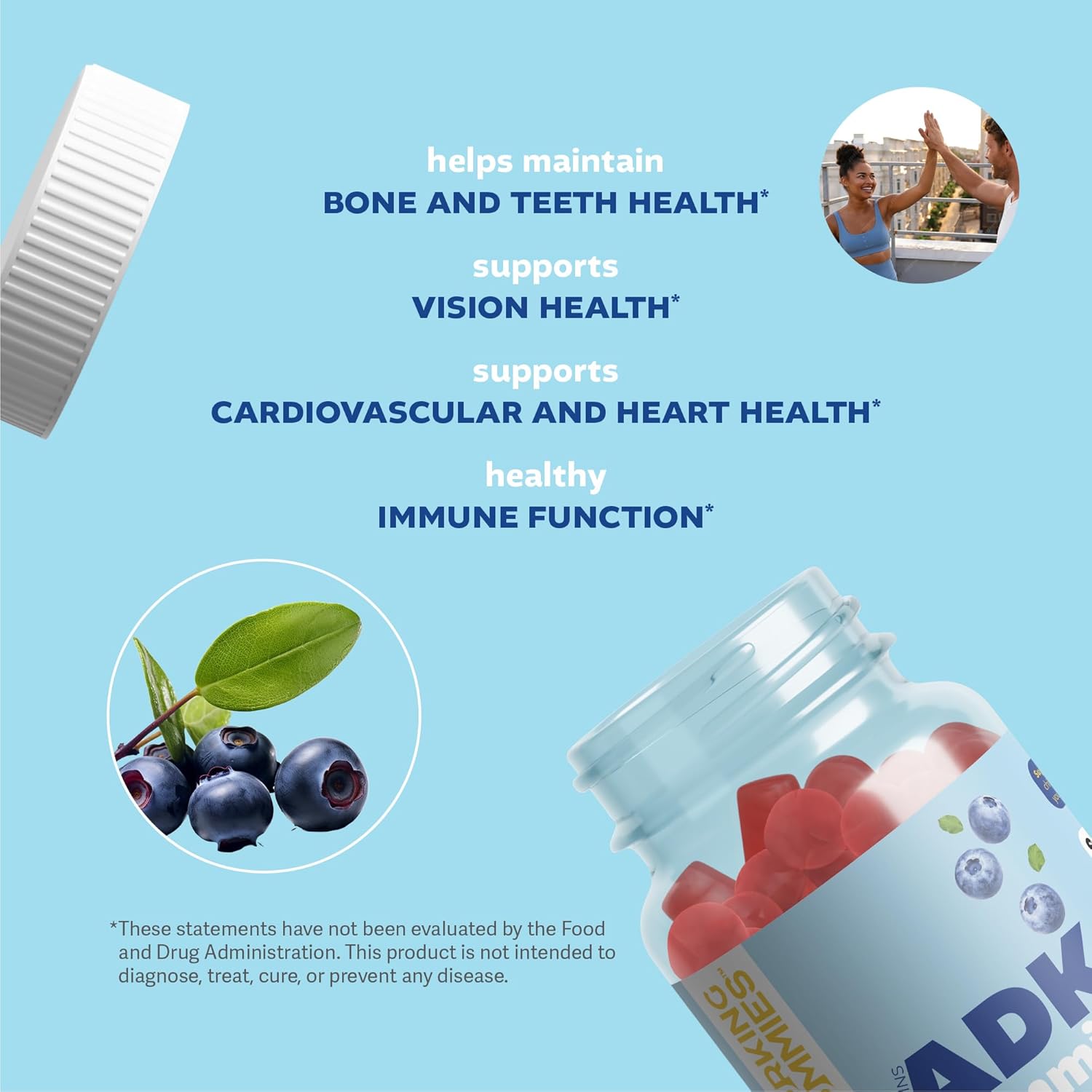 ADK Gummies Vitamins - 3000 iu A, 5000 iu D3, 500mcg K2 Supplement - Immune, Joint, Bone, Heart, Vision Support - Blueberry Flavor - 60 Count