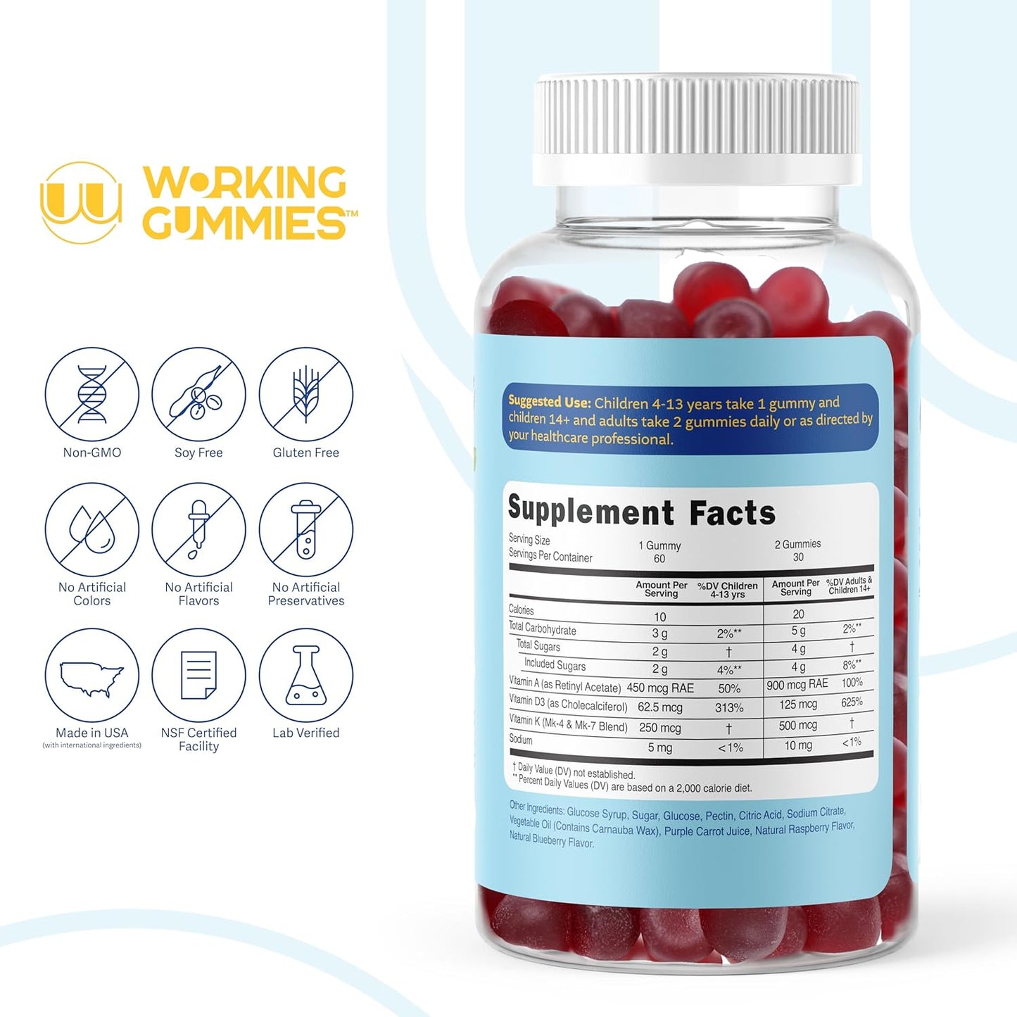 ADK Gummies Vitamins - 3000 iu A, 5000 iu D3, 500mcg K2 Supplement - Immune, Joint, Bone, Heart, Vision Support - Blueberry Flavor - 60 Count