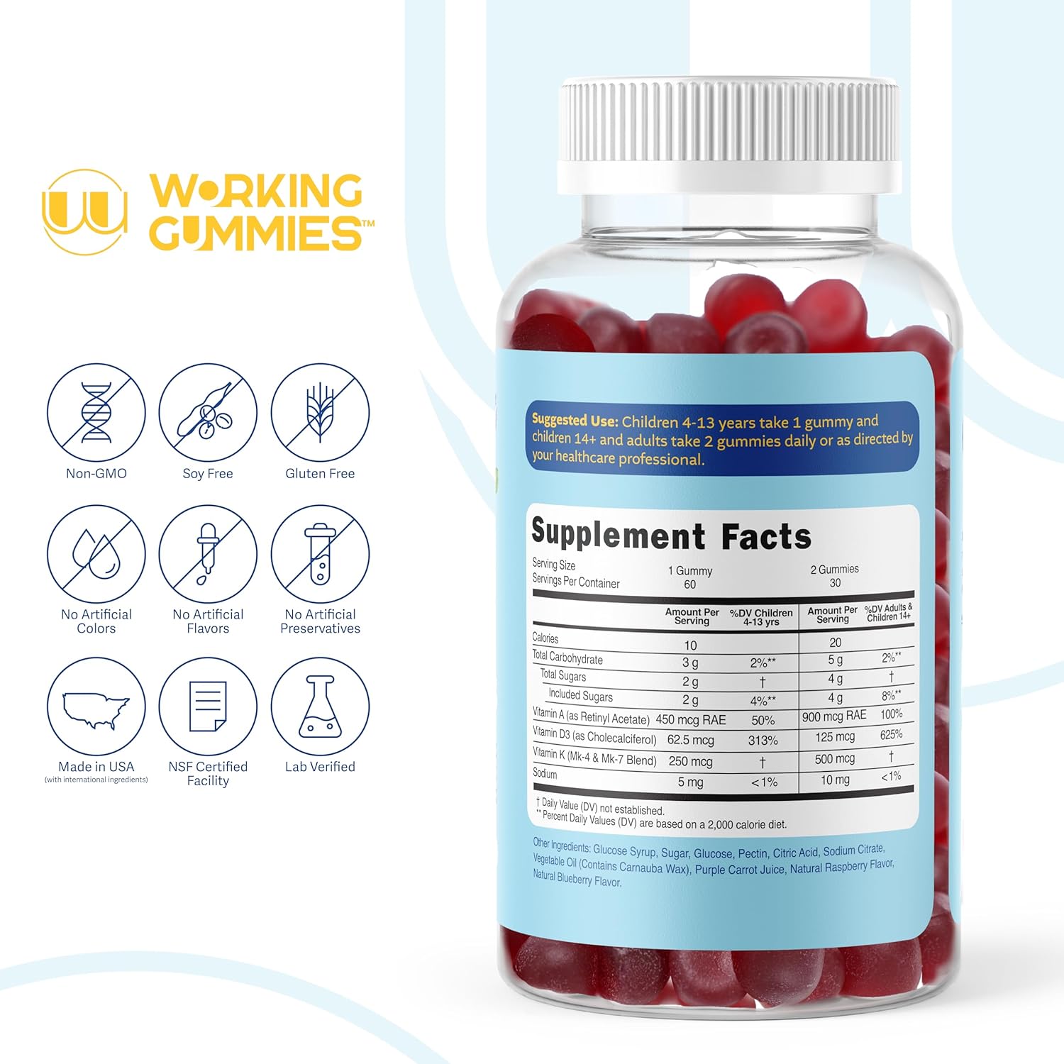 ADK Gummies Vitamins - 3000 iu A, 5000 iu D3, 500mcg K2 Supplement - Immune, Joint, Bone, Heart, Vision Support - Blueberry Flavor - 60 Count