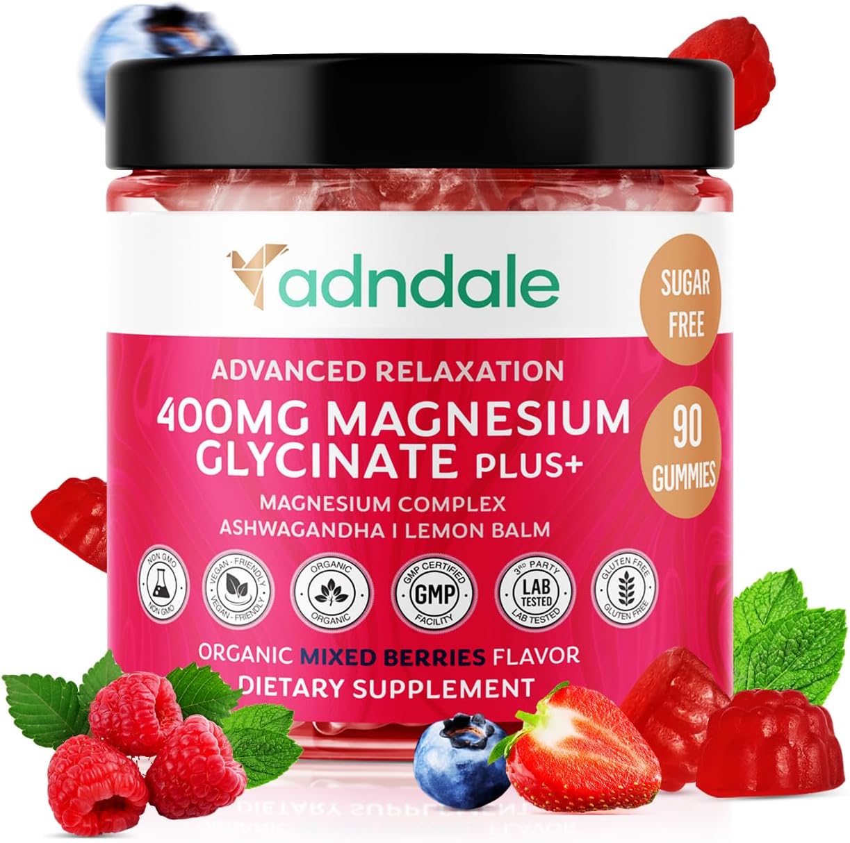 Adndale Magnesium Gummies 400mg/Serv with Ashwagandha - Sugar Free Chews for Relaxation, Stress Relief, and Muscle Support