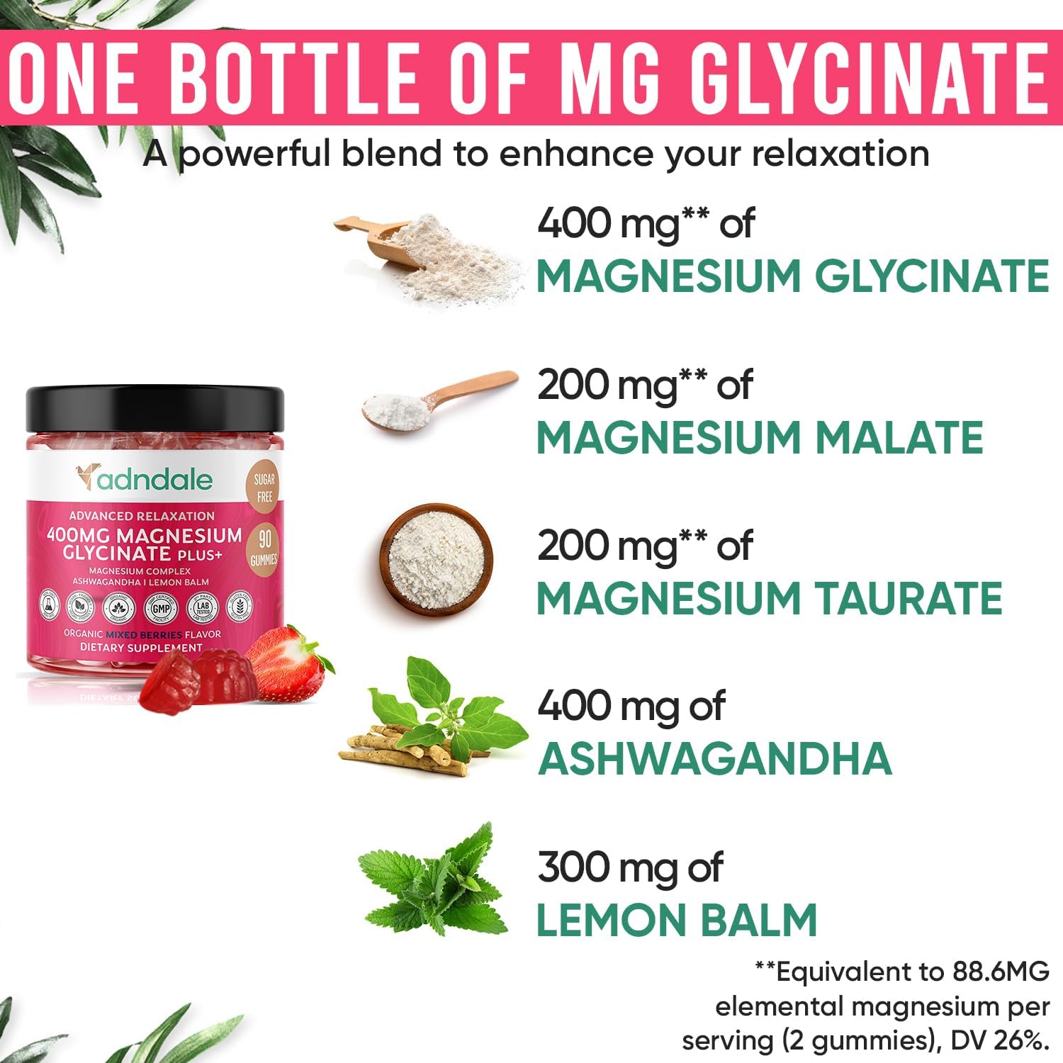 Adndale Magnesium Gummies 400mg/Serv with Ashwagandha - Sugar Free Chews for Relaxation, Stress Relief, and Muscle Support