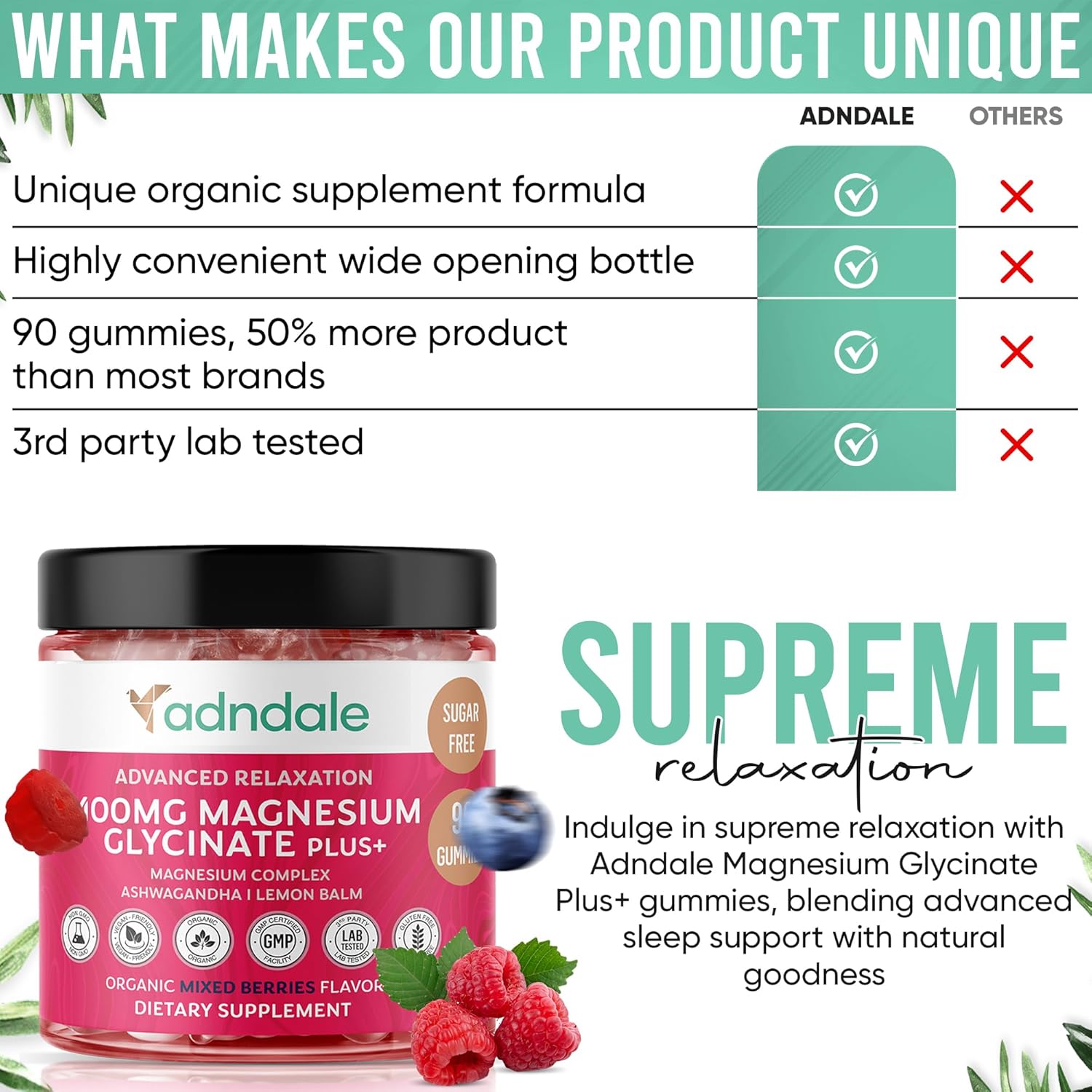 Adndale Magnesium Gummies 400mg/Serv with Ashwagandha - Sugar Free Chews for Relaxation, Stress Relief, and Muscle Support