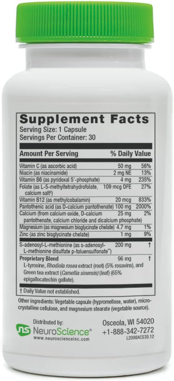 AdreCor with SAMe - NeuroScience Adrenal Support Supplements for Mood & Energy - L Tyrosine + Activated B6 & B12 - 30 Capsules