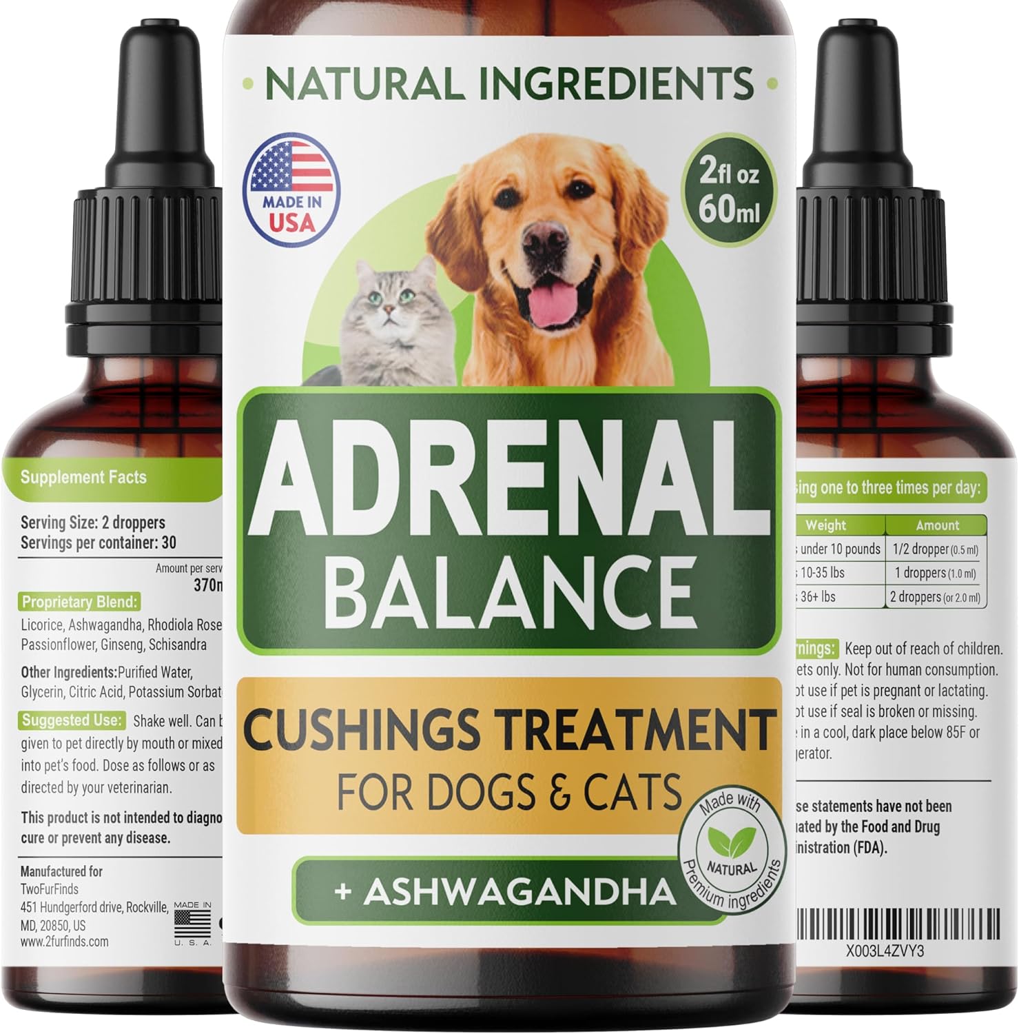 Adrenal Balance Drops for Dogs and Cats - Natural Cushings Treatment with Ashwagandha, Licorice Root, Rhodiola Rosea - 2oz Herbal Drops