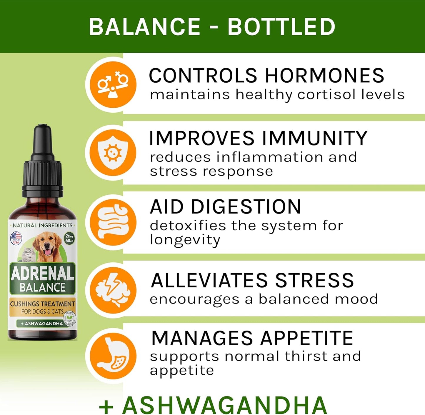 Adrenal Balance Drops for Dogs and Cats - Natural Cushings Treatment with Ashwagandha, Licorice Root, Rhodiola Rosea - 2oz Herbal Drops