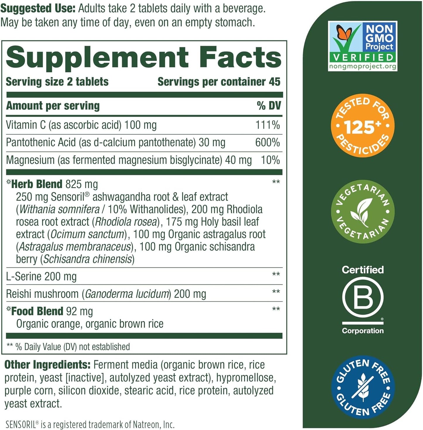 Adrenal Strength Supplement with Sensoril Ashwagandha, Vitamin C, Magnesium, Rhodiola, Reishi Mushroom - 90 Tablets, Supports Stress Response