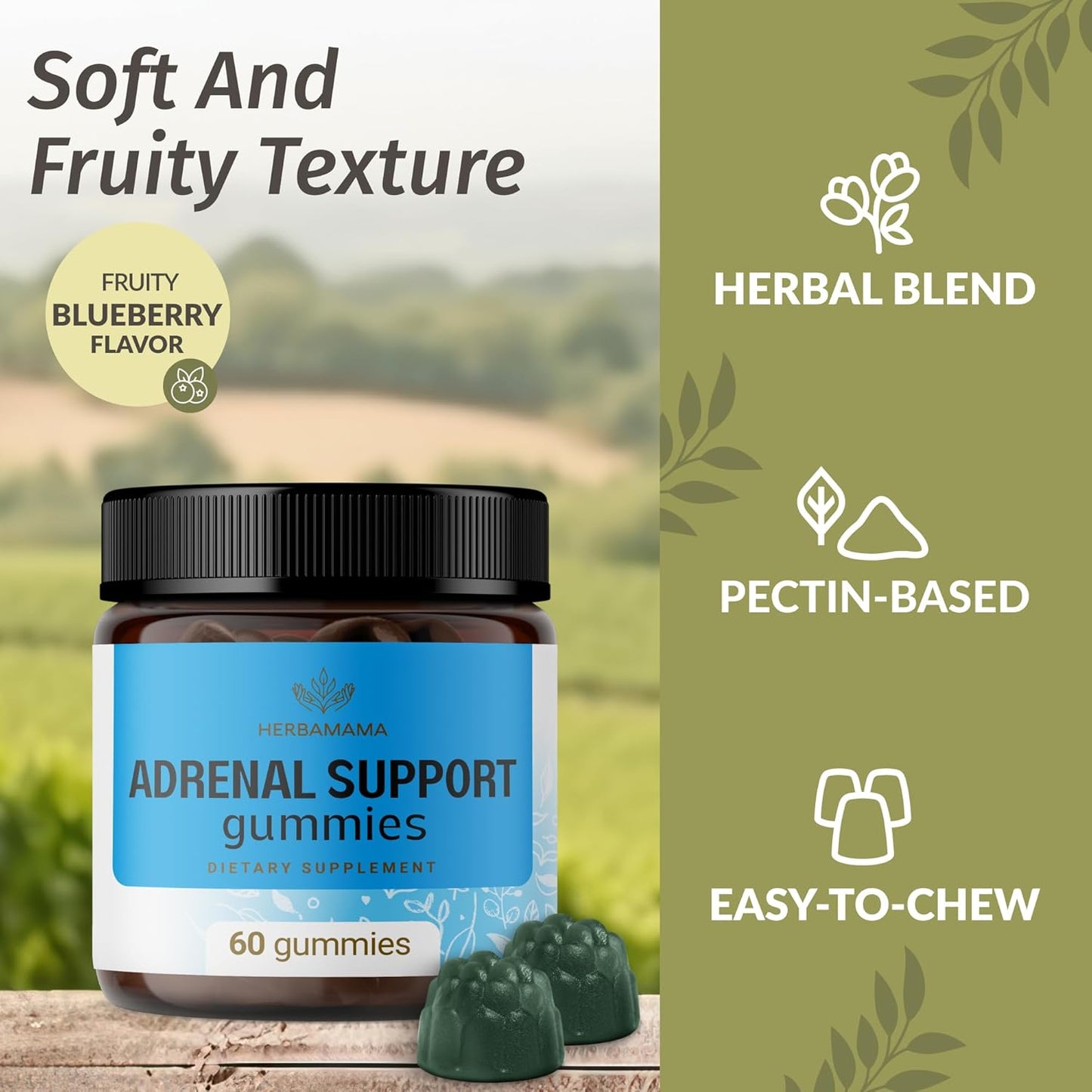 Adrenal Support Gummies for Women - Ashwagandha, Rhodiola Rosea & Magnesium - Vegan & Non-GMO - 60 Blueberry Chews