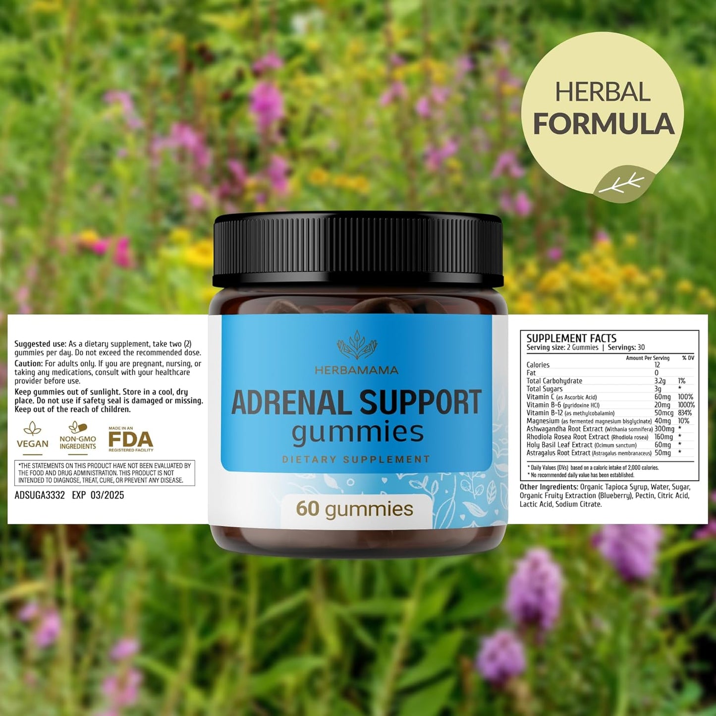 Adrenal Support Gummies for Women - Ashwagandha, Rhodiola Rosea & Magnesium - Vegan & Non-GMO - 60 Blueberry Chews