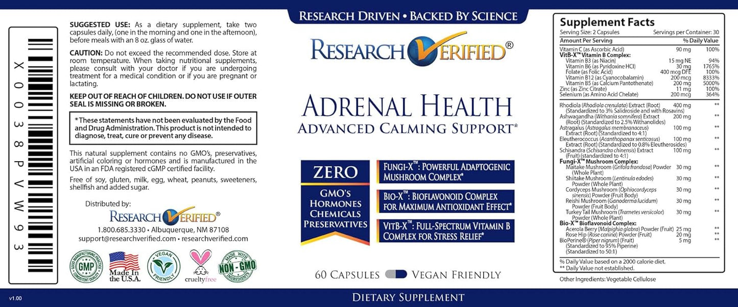 Adrenal Support Supplement - 180 Capsules - Boost Energy, Balance Cortisol - Mushrooms, B Vitamins, Bioflavonoids