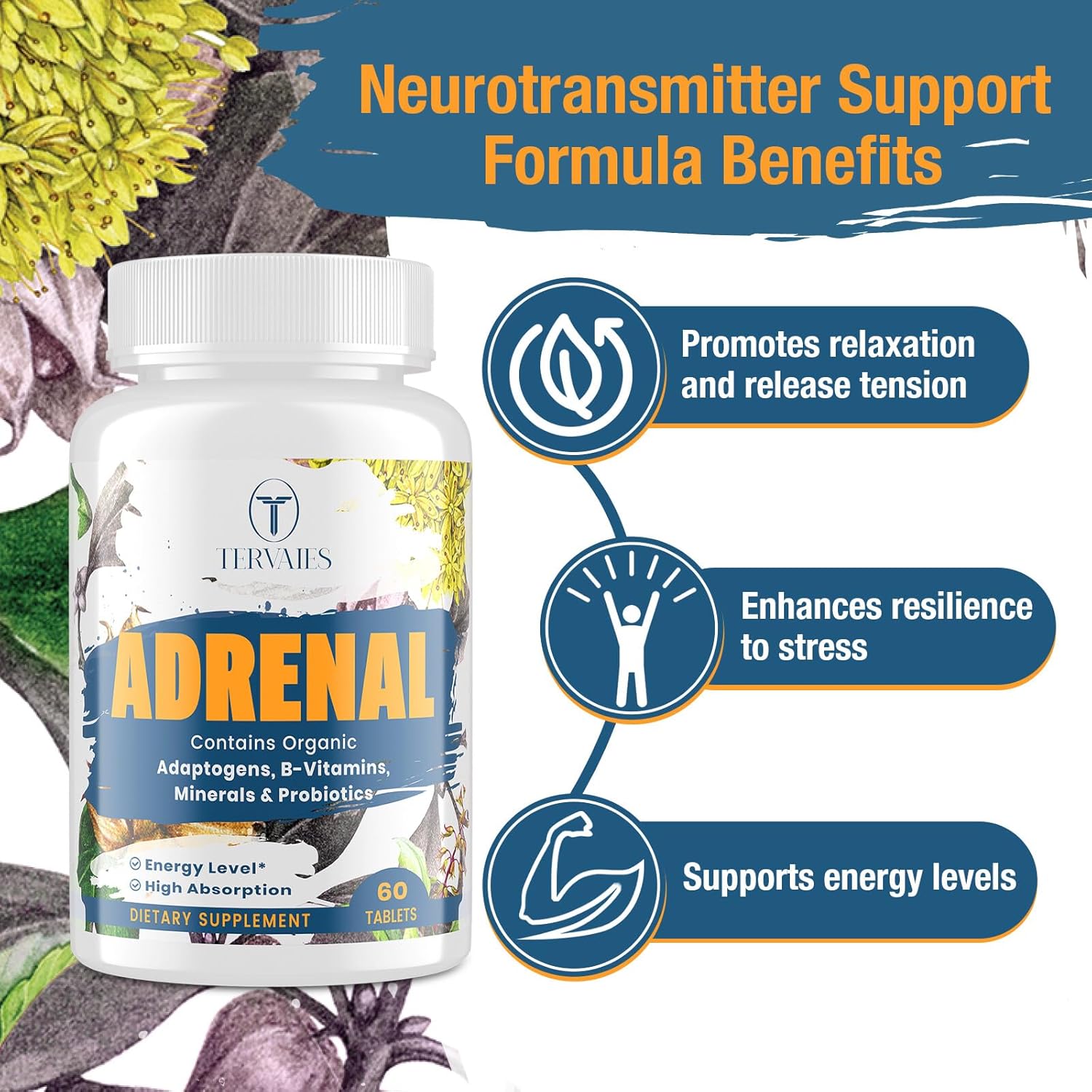 Adrenal Support Supplement with Adaptogens for Mood and Energy - Rhodiola Rosea, Ashwagandha, Holy Basil, Eleuthero - Non-GMO Vegan Tablets for Men and Women, 60 Count