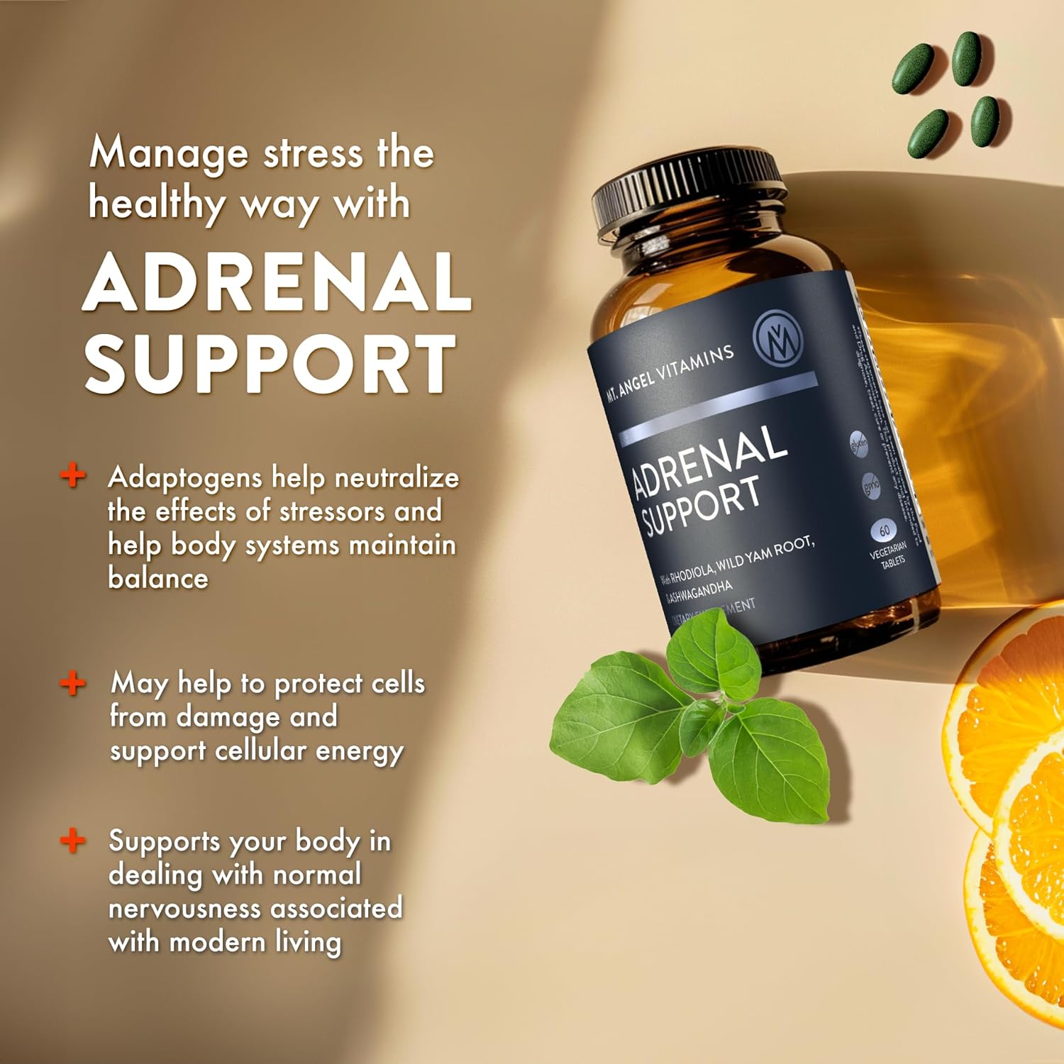 Adrenal Support Supplement with Ashwagandha Extracts for Mood, Focus, Relaxation, and Stress - 60 Tablets
